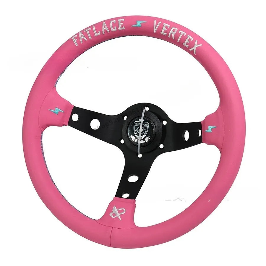 Pink leather steering wheel cover with embroidery, showing aluminium bracket and 13-inch size.