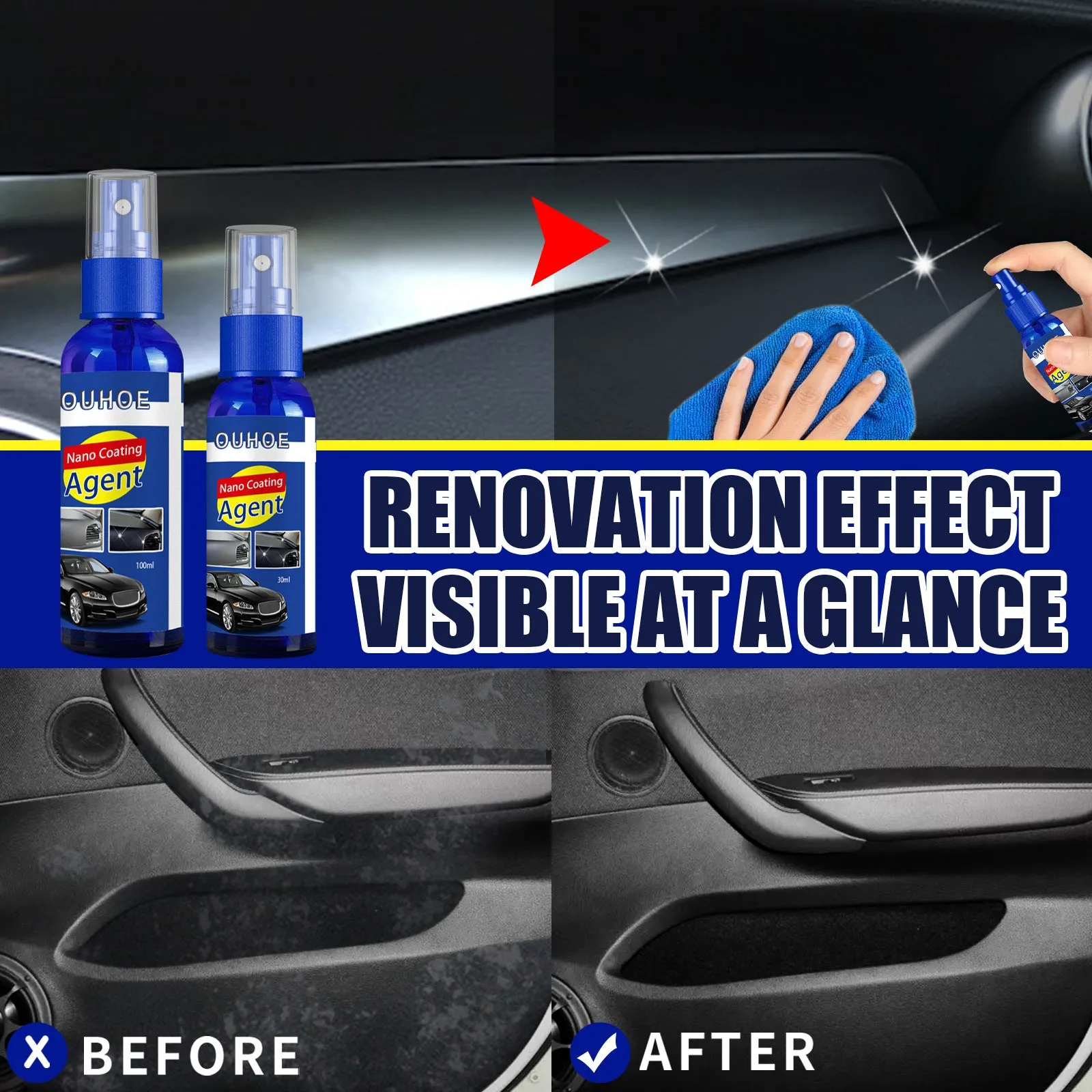Car plastic interior renovation spray bottle with yellow sponge applicator for dashboard and trim restoration