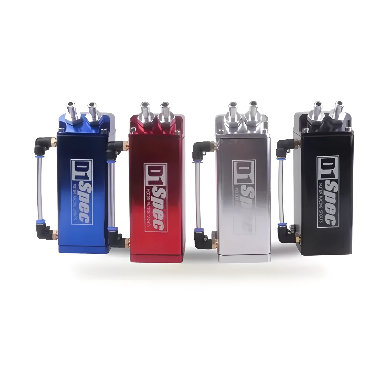 Metal car engine oil catch tank in red, blue, black, and silver colour options for modified vehicles.