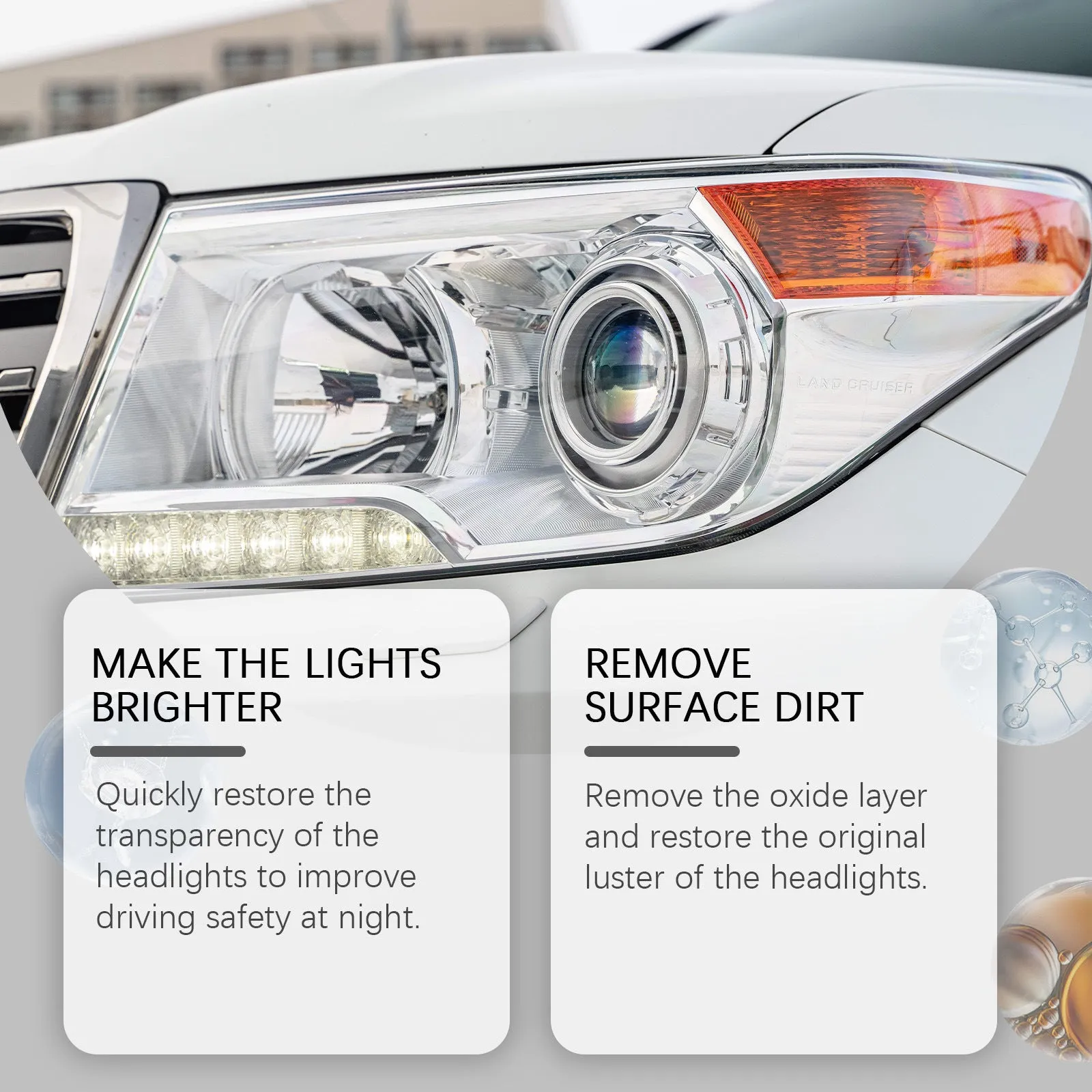 Car headlight polishing kit with 100ml bottle and microfiber towel for plastic lens restoration