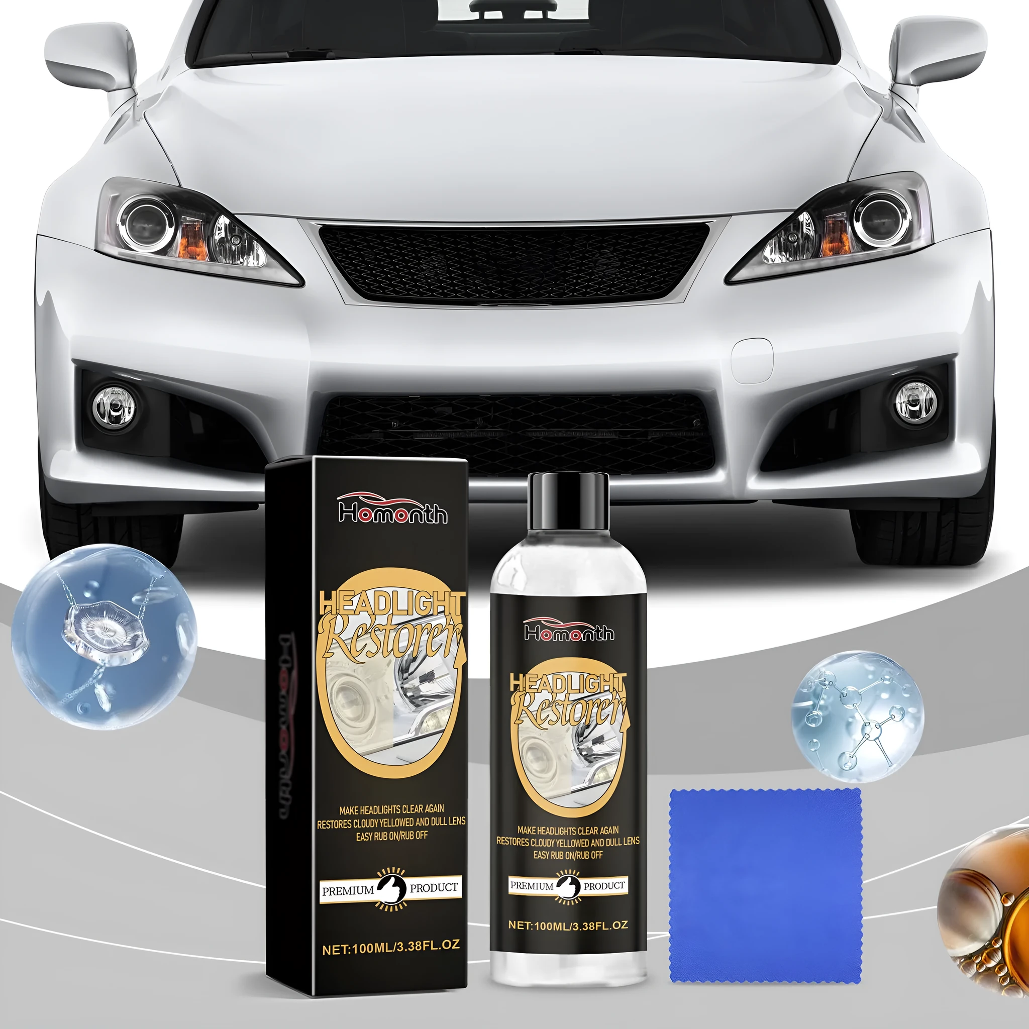 Car headlight polishing kit with 100ml bottle and microfiber towel for plastic lens restoration