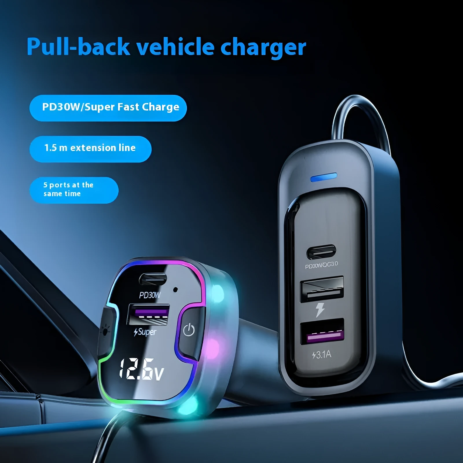 Front and rear car PD fast charging multi-interface charger with five ports in YQ8 black