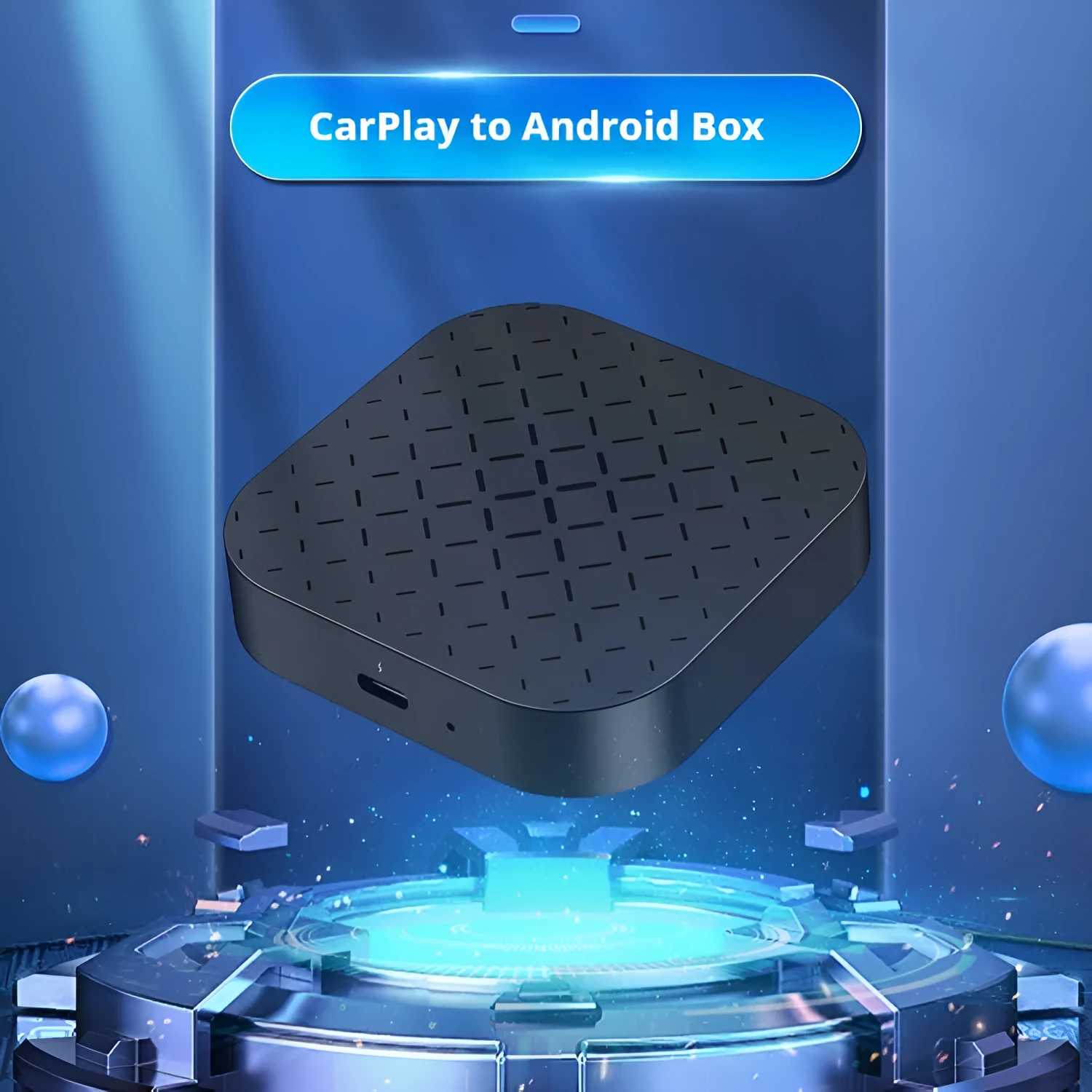 Black Android CarPlay wired to wireless converter adapter box with data cables