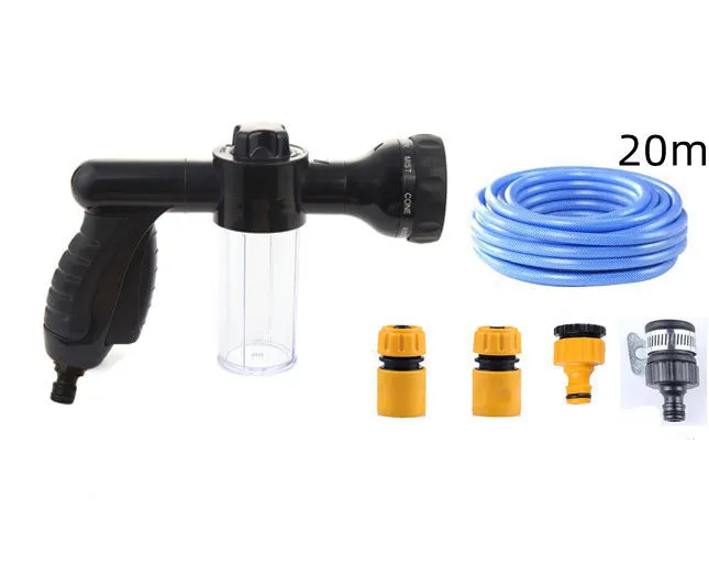 Green high-pressure foam spray gun for car washing with adjustable nozzle and attached water pipe.