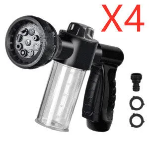 Green high-pressure foam spray gun for car washing with adjustable nozzle and attached water pipe.