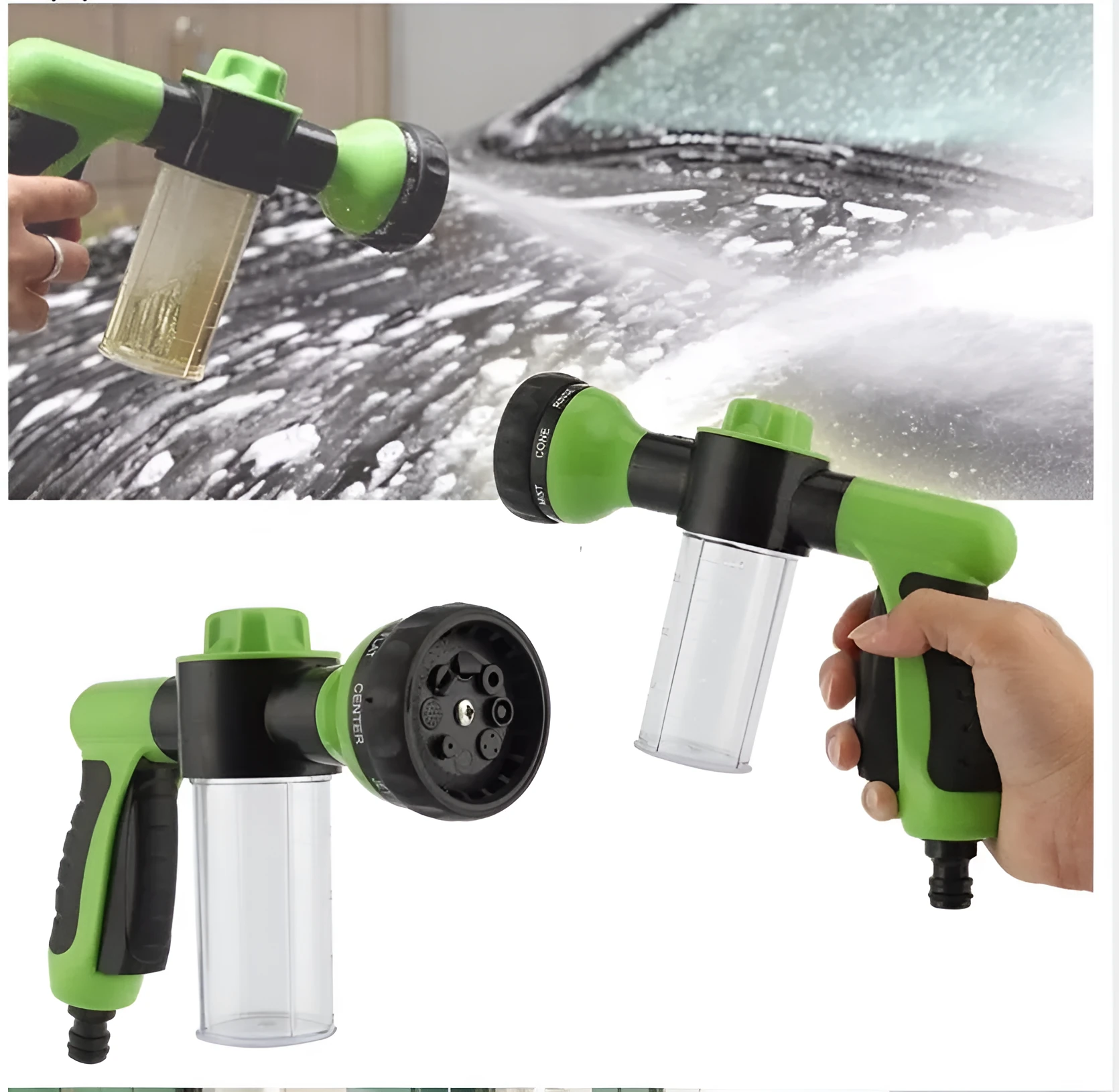 Green high-pressure foam spray gun for car washing with adjustable nozzle and attached water pipe.
