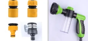 Green high-pressure foam spray gun for car washing with adjustable nozzle and attached water pipe.