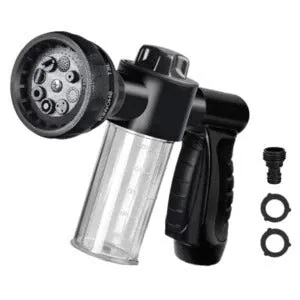 Green high-pressure foam spray gun for car washing with adjustable nozzle and attached water pipe.