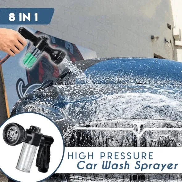 Green high-pressure foam spray gun for car washing with adjustable nozzle and attached water pipe.