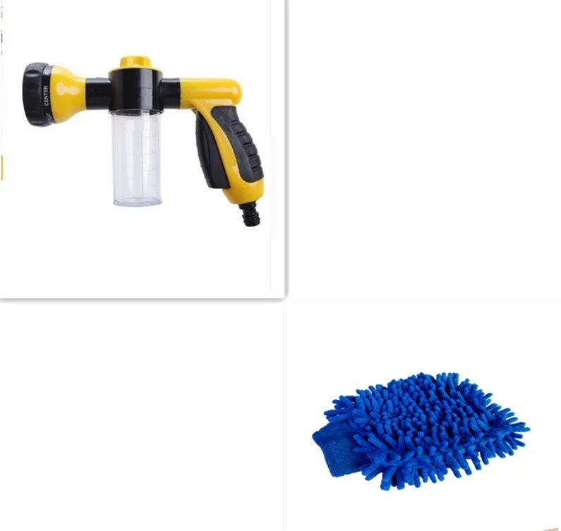 Green high-pressure foam spray gun for car washing with adjustable nozzle and attached water pipe.