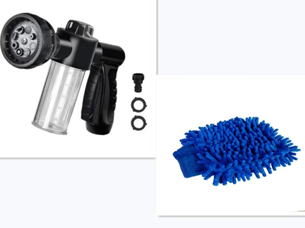 Green high-pressure foam spray gun for car washing with adjustable nozzle and attached water pipe.