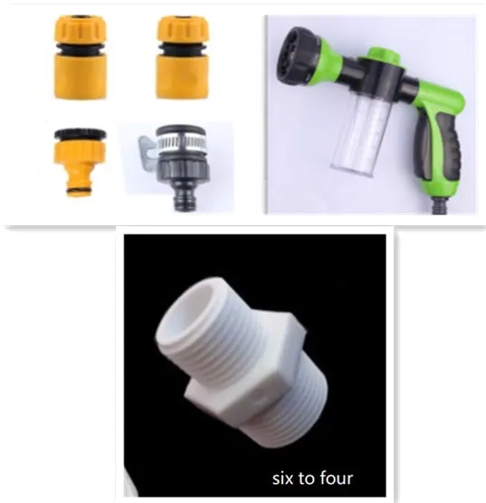 Green high-pressure foam spray gun for car washing with adjustable nozzle and attached water pipe.