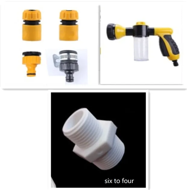 Green high-pressure foam spray gun for car washing with adjustable nozzle and attached water pipe.
