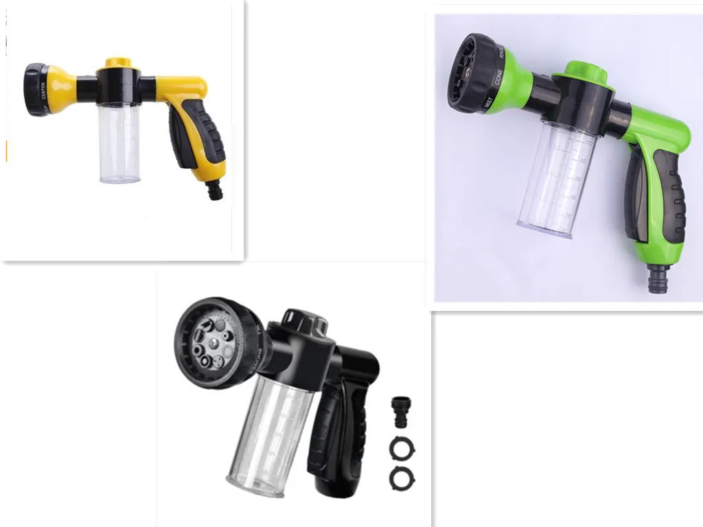 Green high-pressure foam spray gun for car washing with adjustable nozzle and attached water pipe.