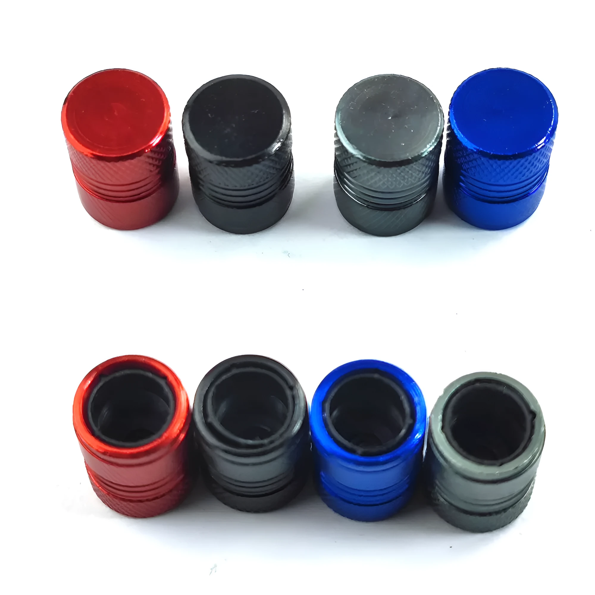 Aluminium car tyre valve dust protection cap in black, blue, grey, and red colour options