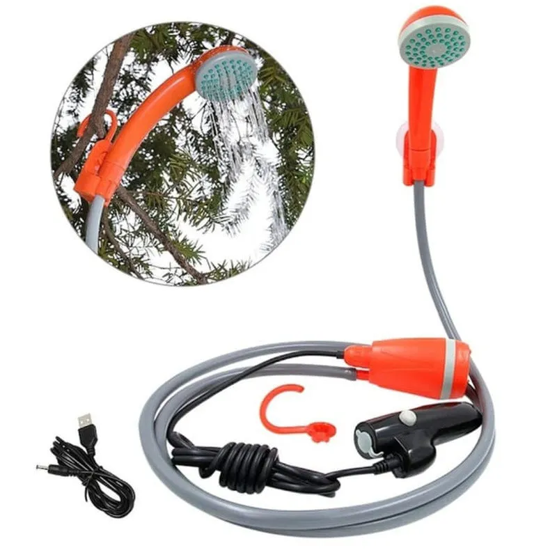Portable plastic wireless vehicle shower with water pipe and power cable for 12V outdoor cleaning.