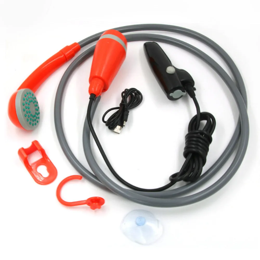 Portable plastic wireless vehicle shower with water pipe and power cable for 12V outdoor cleaning.