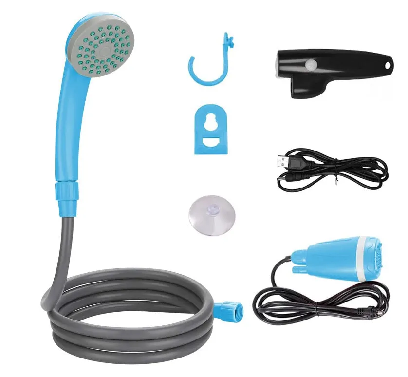 Portable plastic wireless vehicle shower with water pipe and power cable for 12V outdoor cleaning.