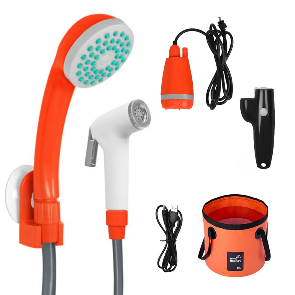 Portable plastic wireless vehicle shower with water pipe and power cable for 12V outdoor cleaning.