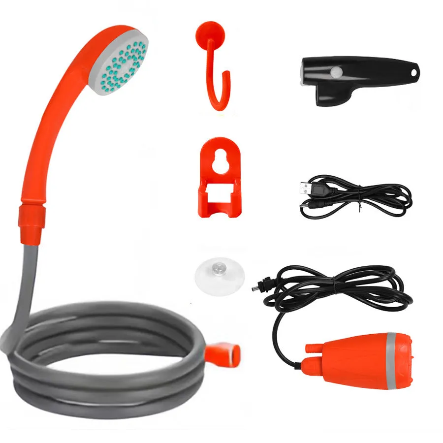 Portable plastic wireless vehicle shower with water pipe and power cable for 12V outdoor cleaning.