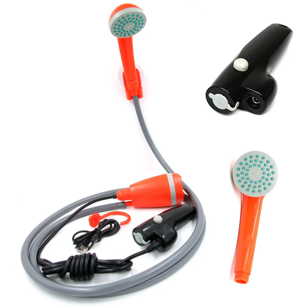 Portable plastic wireless vehicle shower with water pipe and power cable for 12V outdoor cleaning.