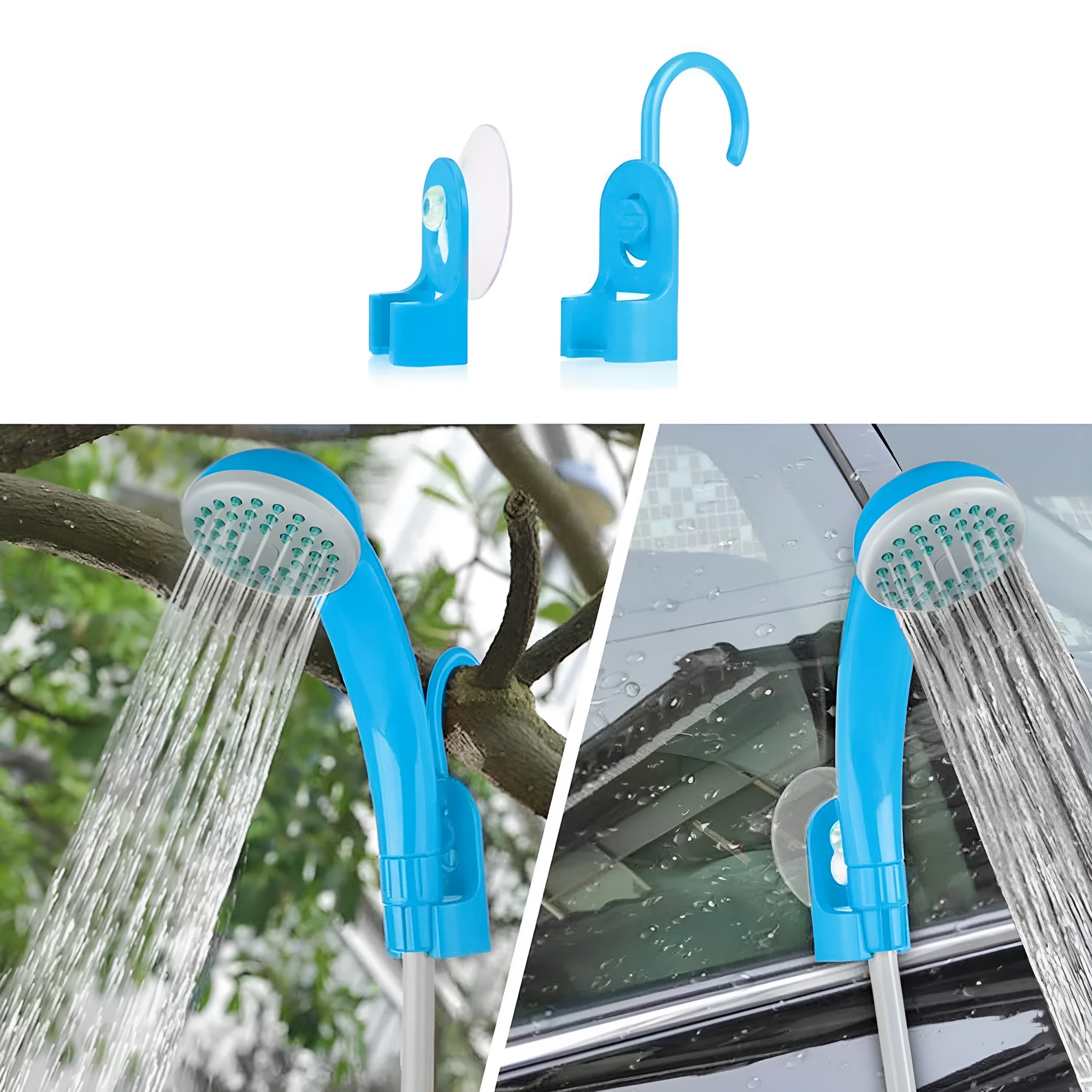 Portable plastic wireless vehicle shower with water pipe and power cable for 12V outdoor cleaning.