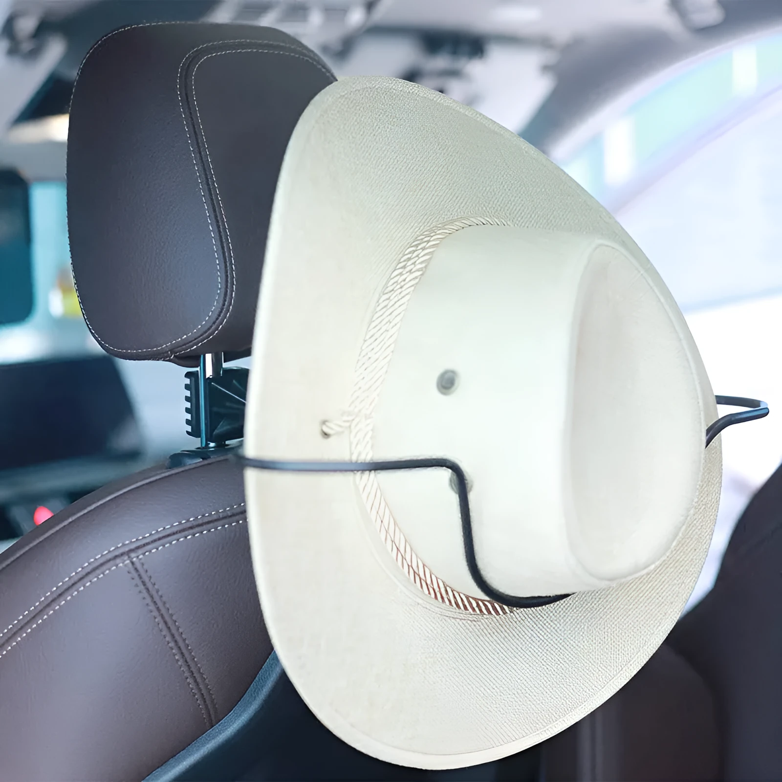Black metal hat bracket for car visor or headrest cap display and storage