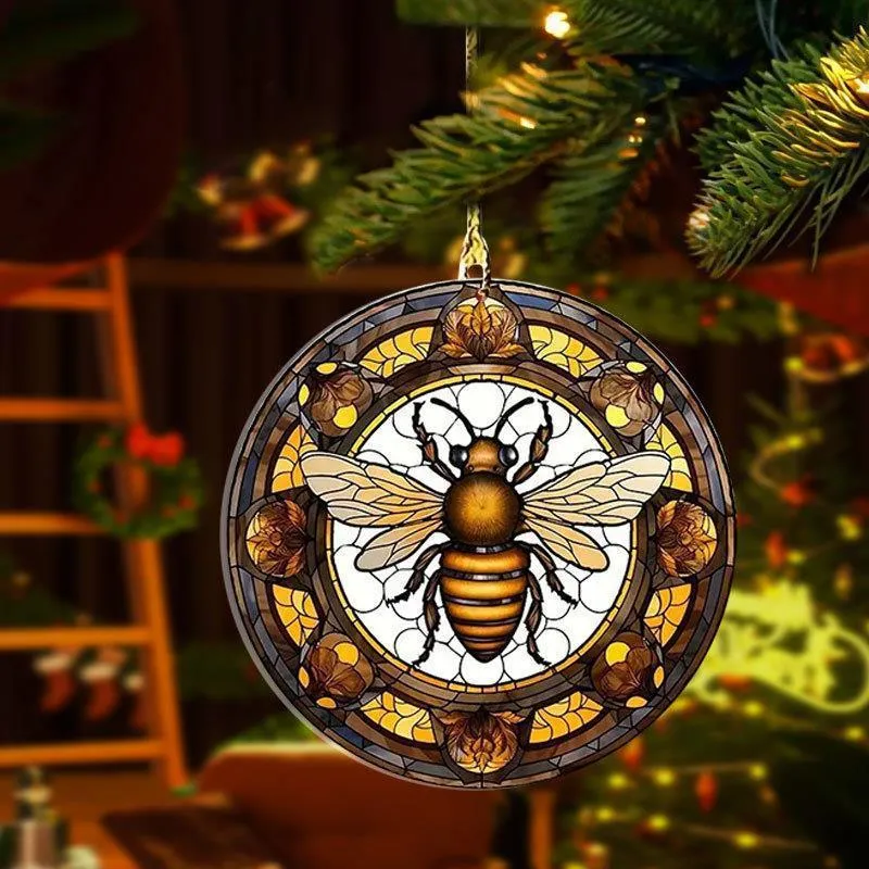 Round acrylic pendant with cartoon bee illustration for backpack or keyring charm