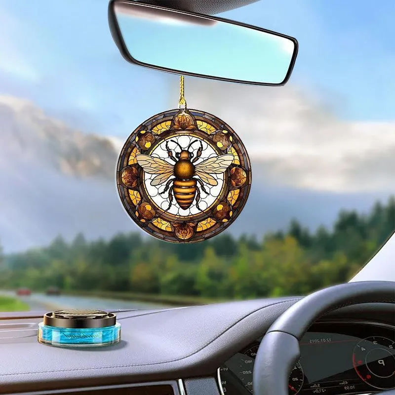 Round acrylic pendant with cartoon bee illustration for backpack or keyring charm