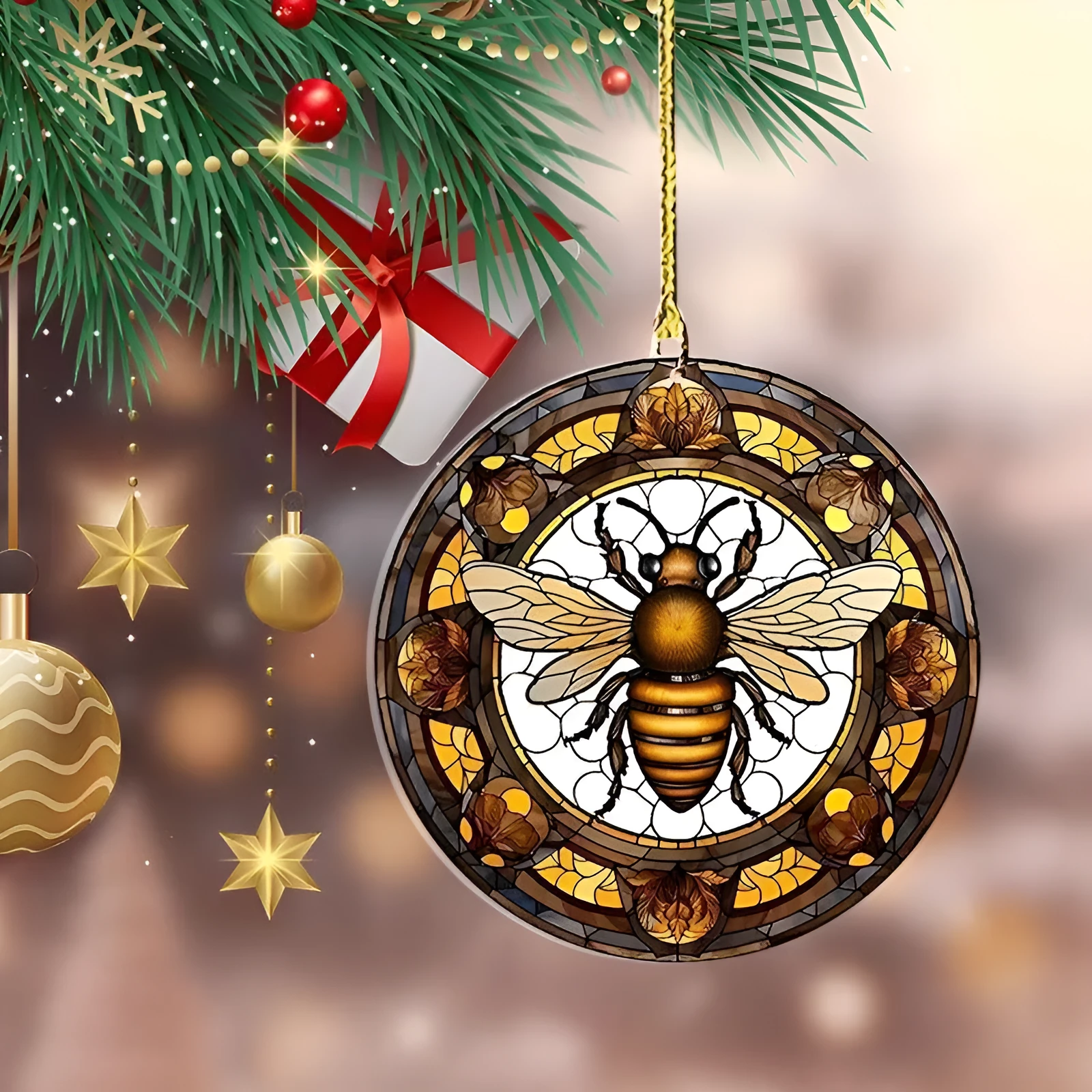 Round acrylic pendant with cartoon bee illustration for backpack or keyring charm