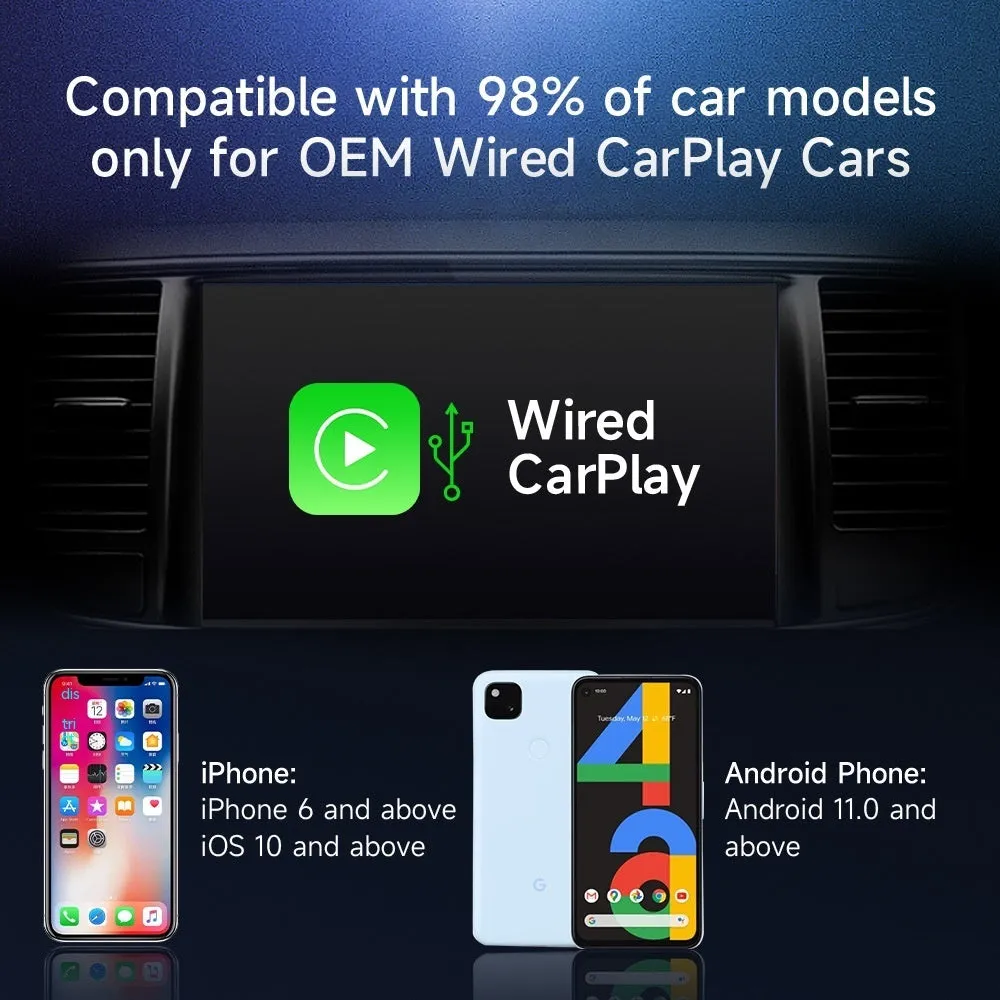 CarPlay wired to wireless AI box converter with ABS plastic housing measuring 110x80x35mm