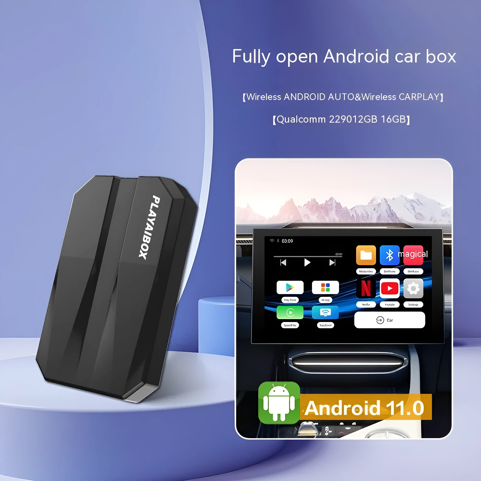 CarPlay wired to wireless AI box converter with ABS plastic housing measuring 110x80x35mm