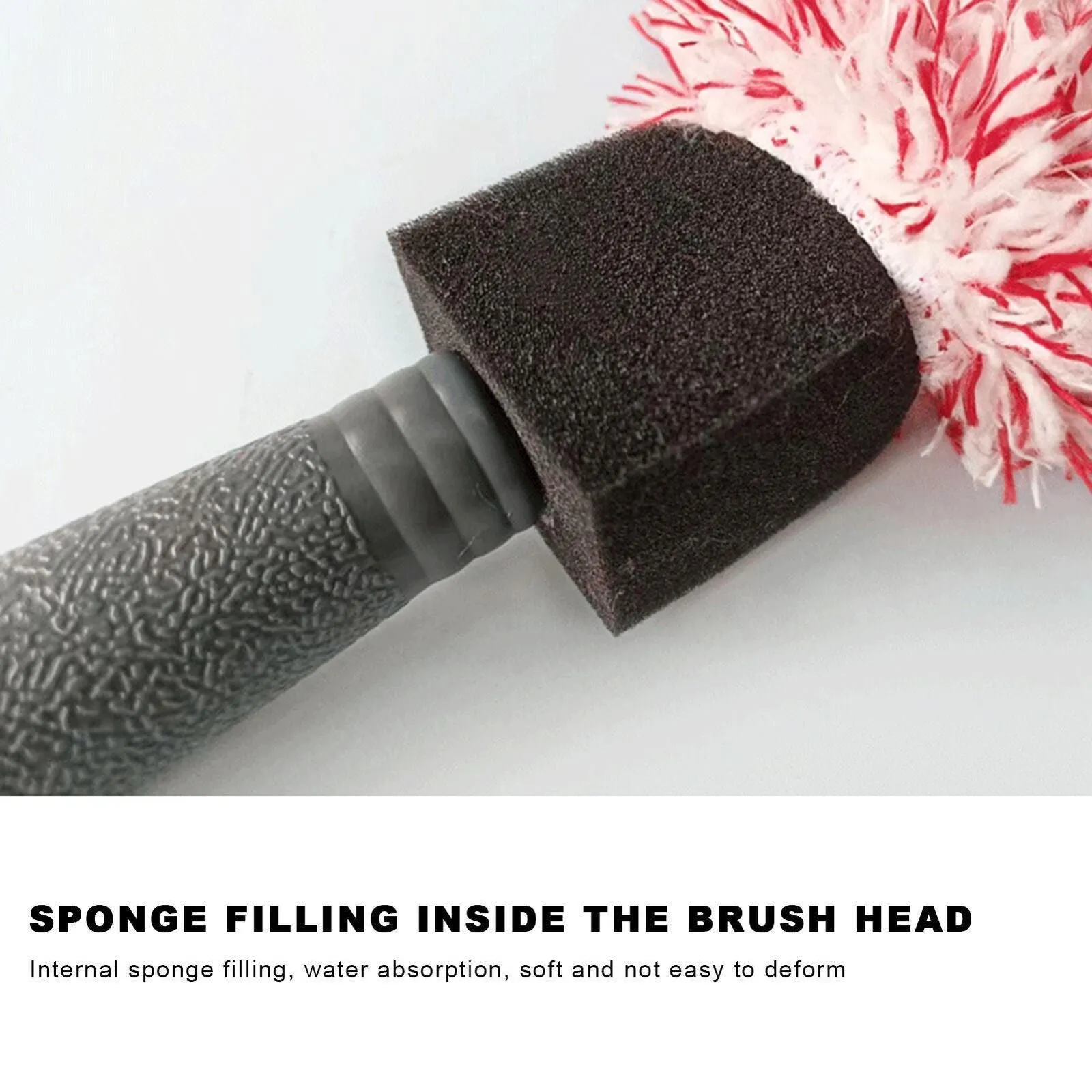 Long handled car wash brush with blue ultra-fine fibre head for cleaning wheels and body panels.