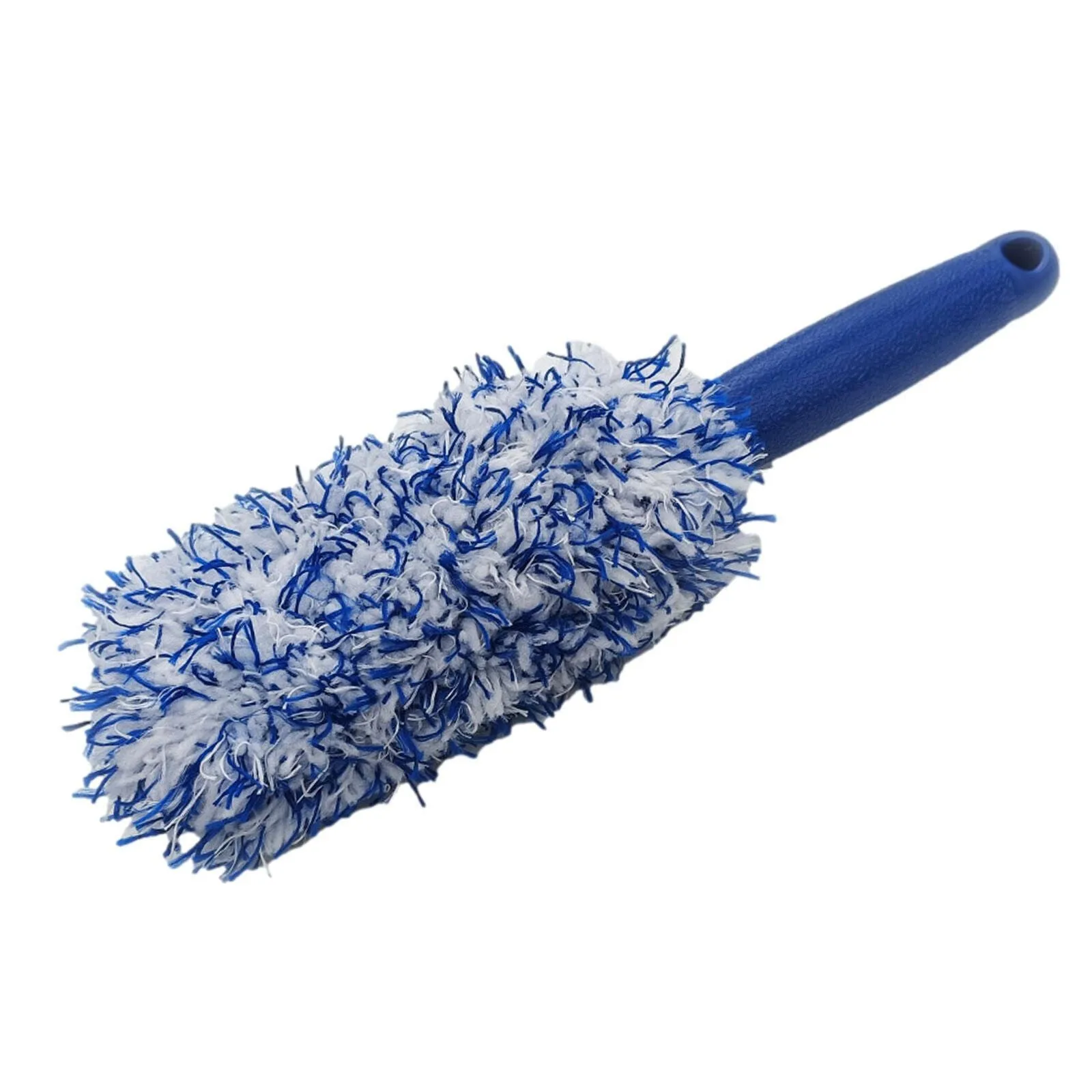 Long handled car wash brush with blue ultra-fine fibre head for cleaning wheels and body panels.