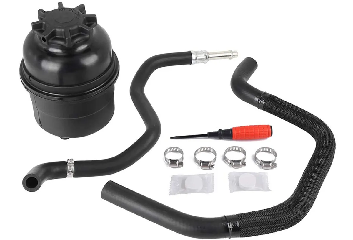 BMW power steering oil pot kit components including oiler, tubing, and hose repair parts.