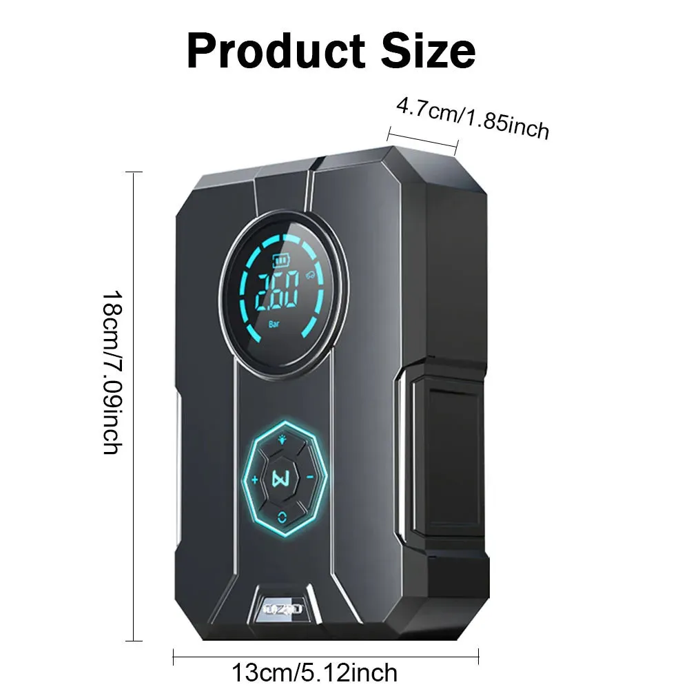 Portable wireless car tyre inflator with LED light and pressure gauge