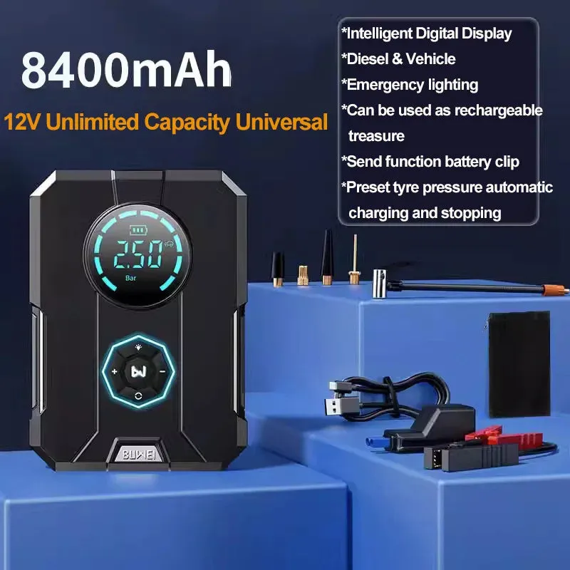 Portable wireless car tyre inflator with LED light and pressure gauge