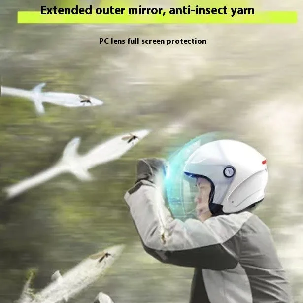 Black and white smart motorcycle half helmet with AI voice and Bluetooth features.