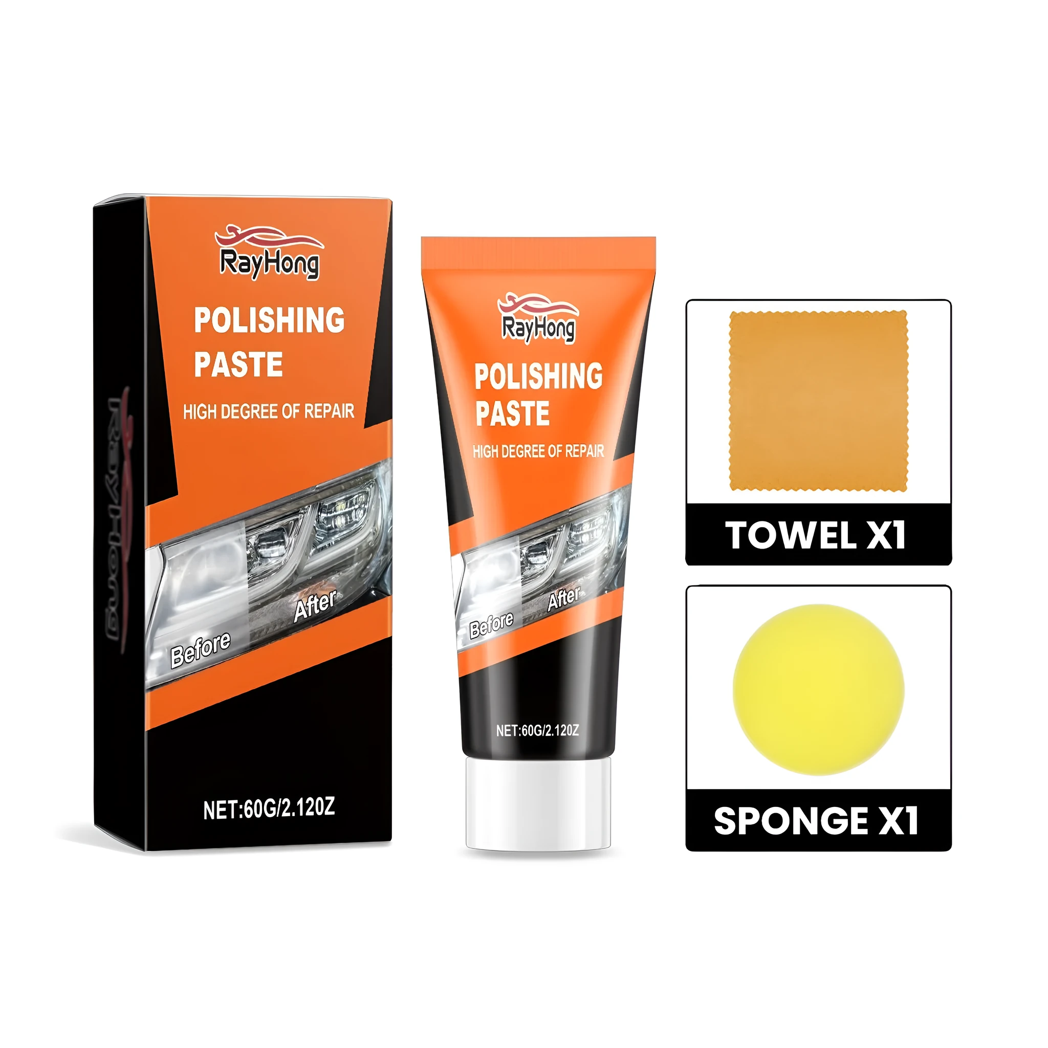 Car headlight restoration kit with tube of cream, round sponge, and microfiber towel