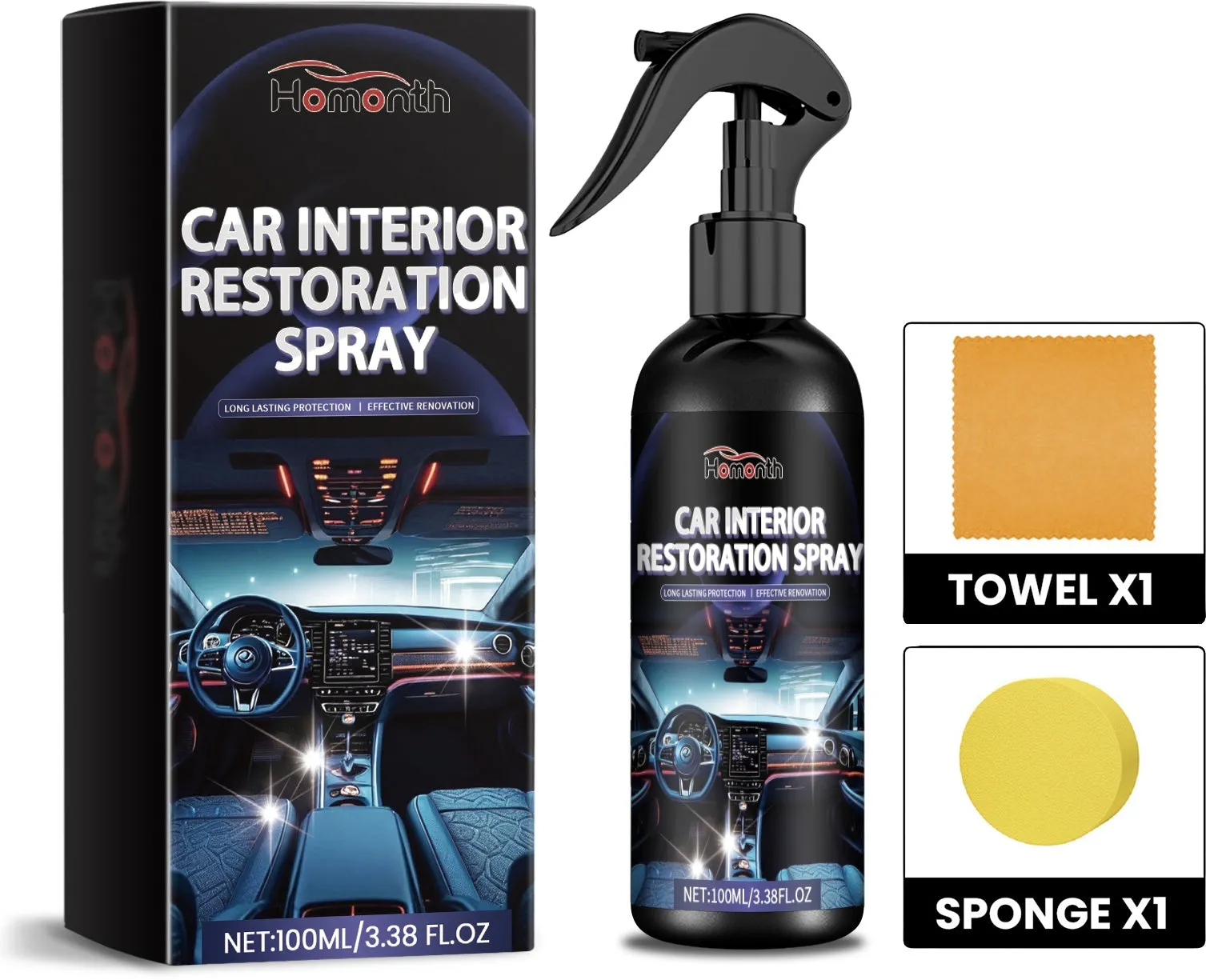 Car interior restoration spray kit with 100ml bottle, cleaning towel and scrubbing sponge