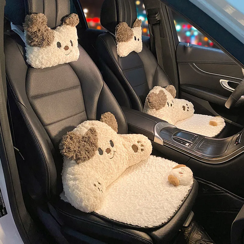 Car seat cushion set with puppy plush headrest and lumbar support pillow in cartoon style