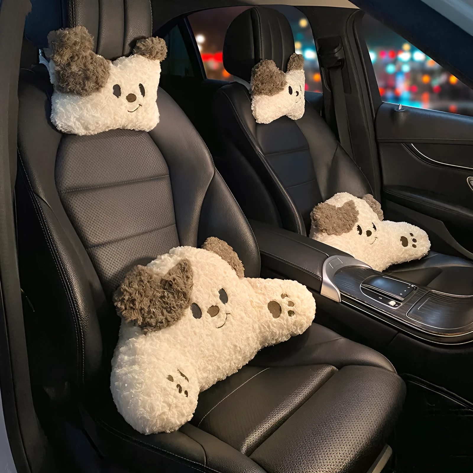Car seat cushion set with puppy plush headrest and lumbar support pillow in cartoon style