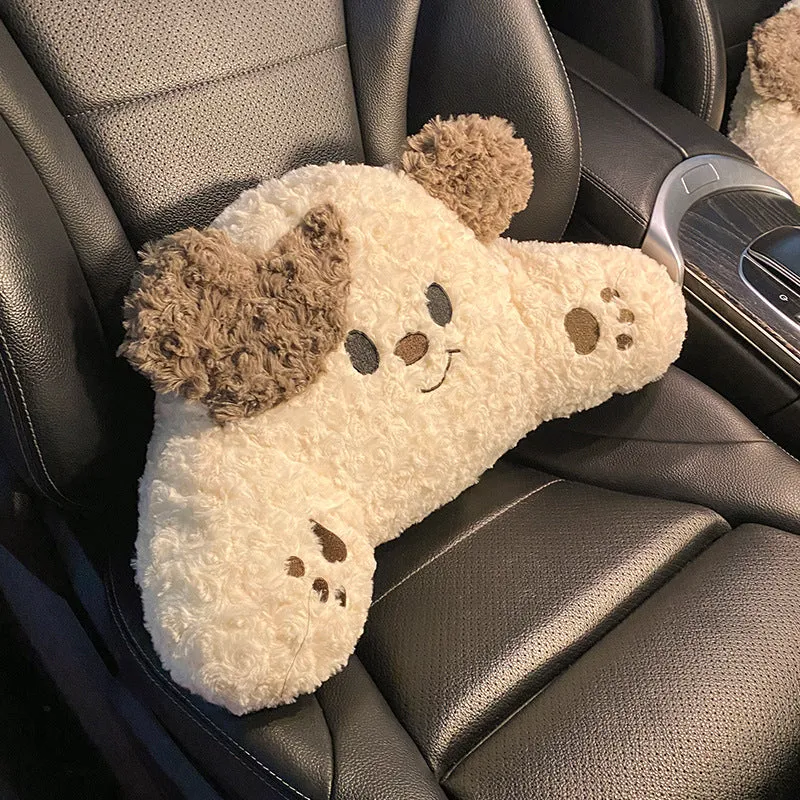 Car seat cushion set with puppy plush headrest and lumbar support pillow in cartoon style