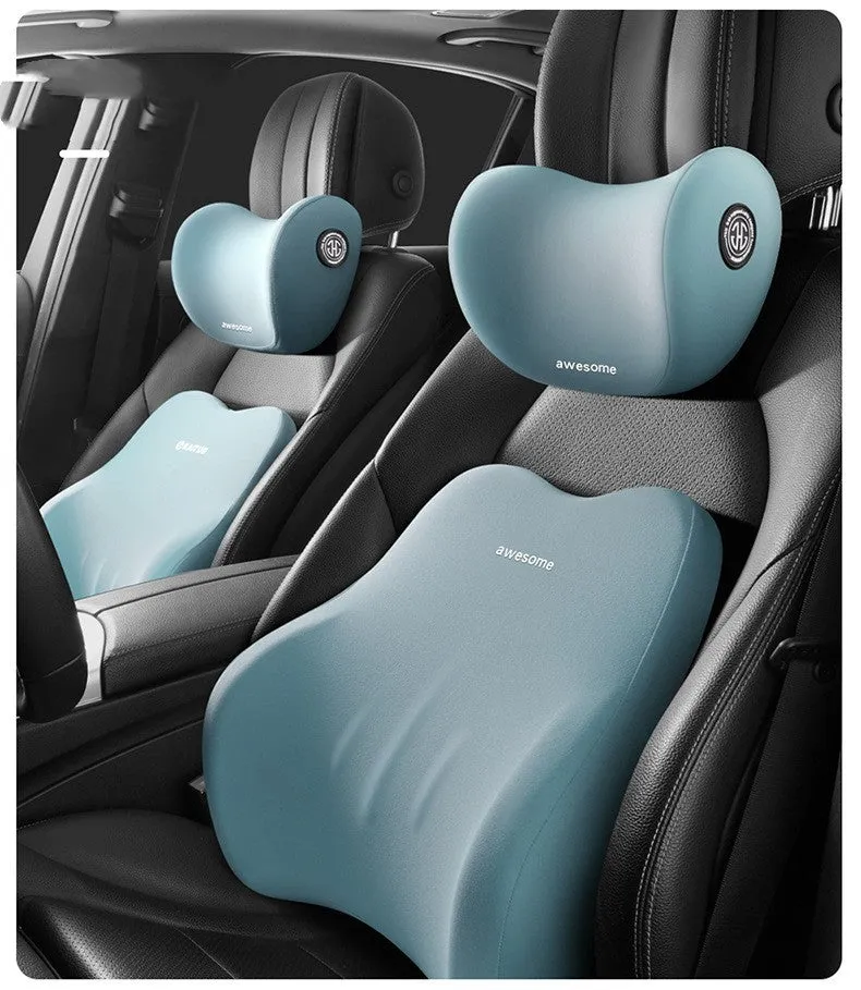 Car headrest lumbar support pillow with memory foam and three-bar waist support in multiple colour options