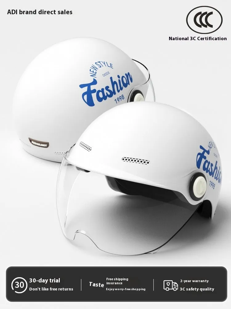 Women's four seasons universal battery car half helmet ABS in cyan with detachable short sun protection glasses