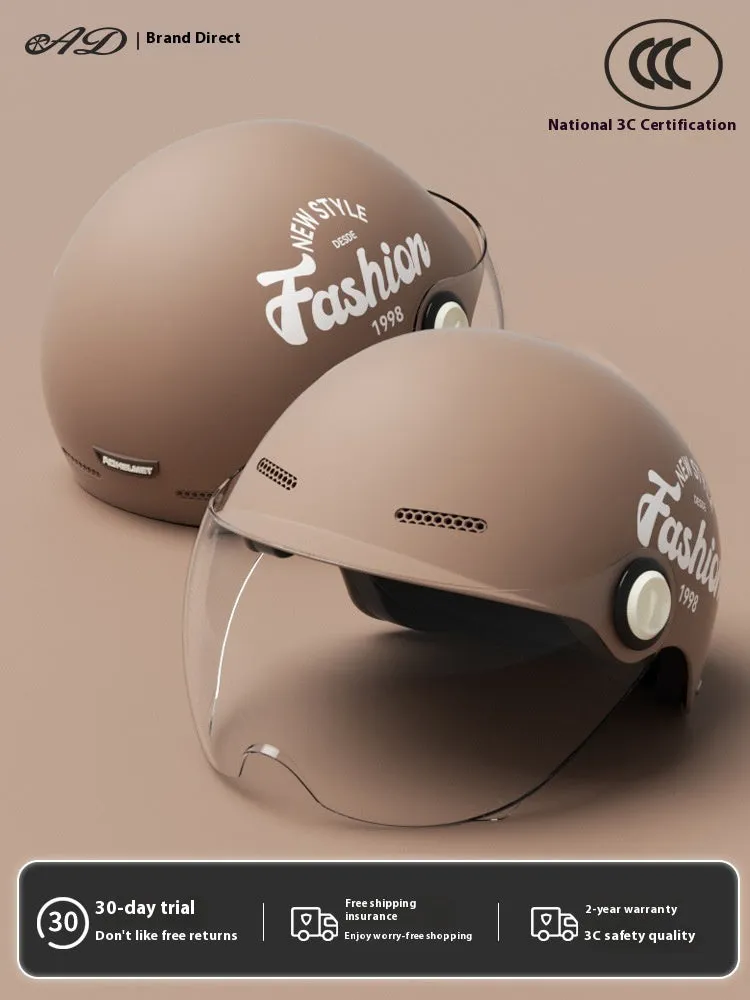 Women's four seasons universal battery car half helmet ABS in cyan with detachable short sun protection glasses