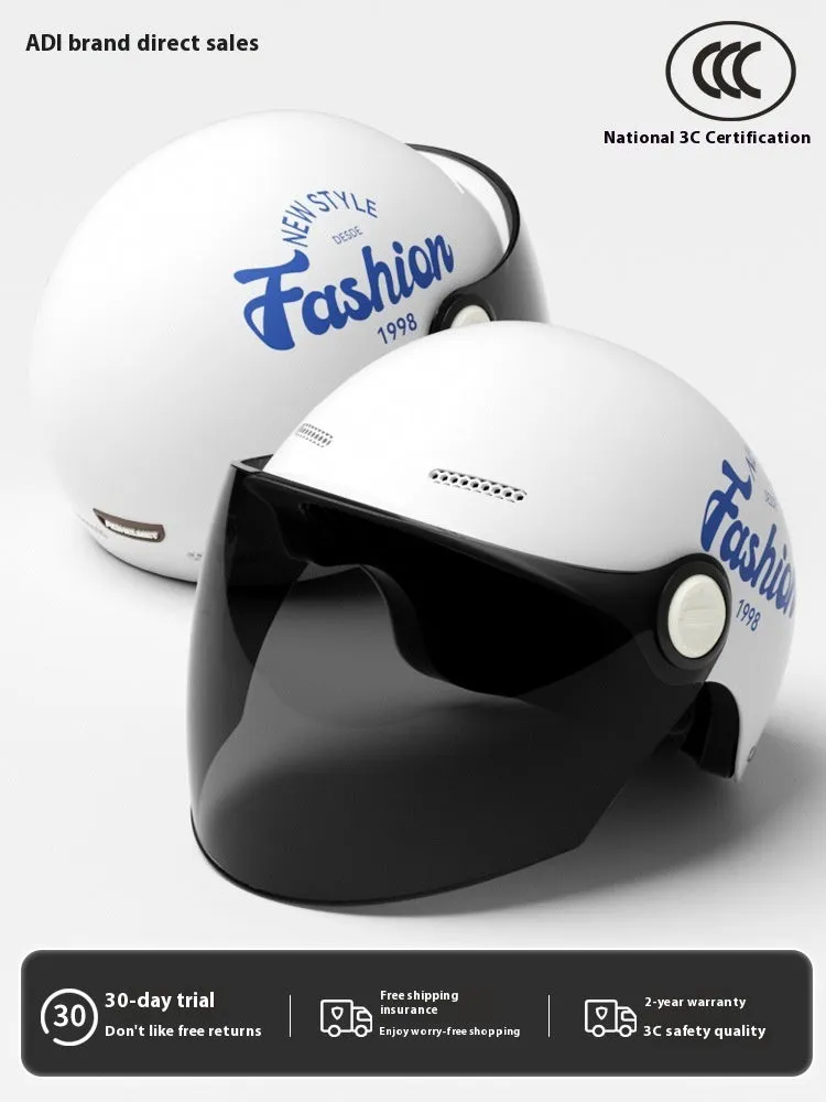 Women's four seasons universal battery car half helmet ABS in cyan with detachable short sun protection glasses