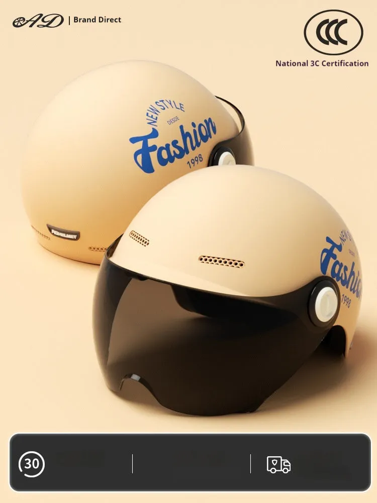 Women's four seasons universal battery car half helmet ABS in cyan with detachable short sun protection glasses