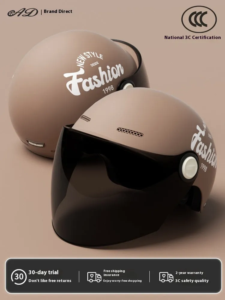 Women's four seasons universal battery car half helmet ABS in cyan with detachable short sun protection glasses