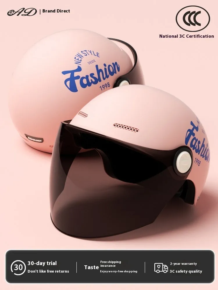 Women's four seasons universal battery car half helmet ABS in cyan with detachable short sun protection glasses